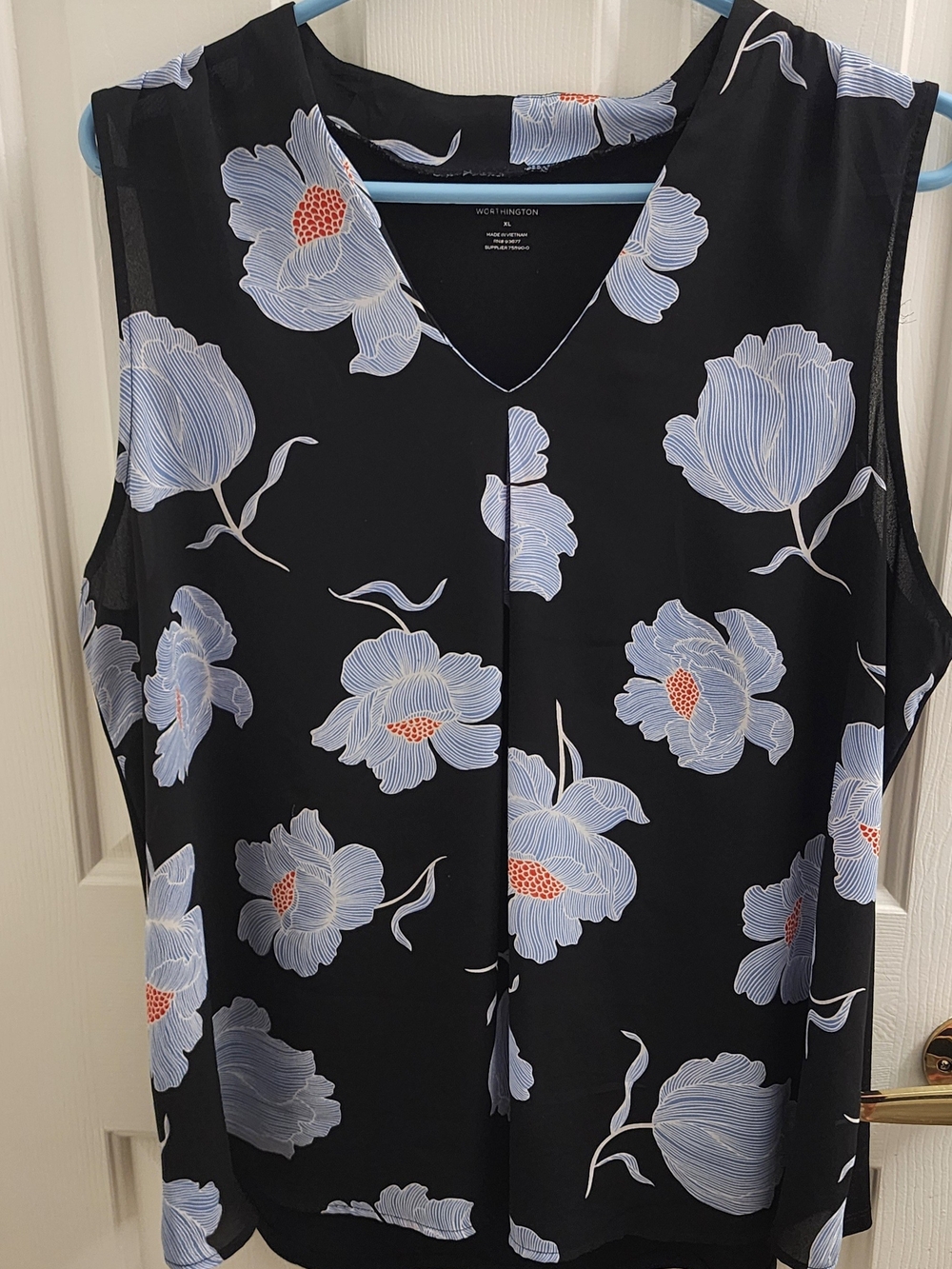 Worthington Black Sleeveless V-Neck Camisole with Blue Floral Print